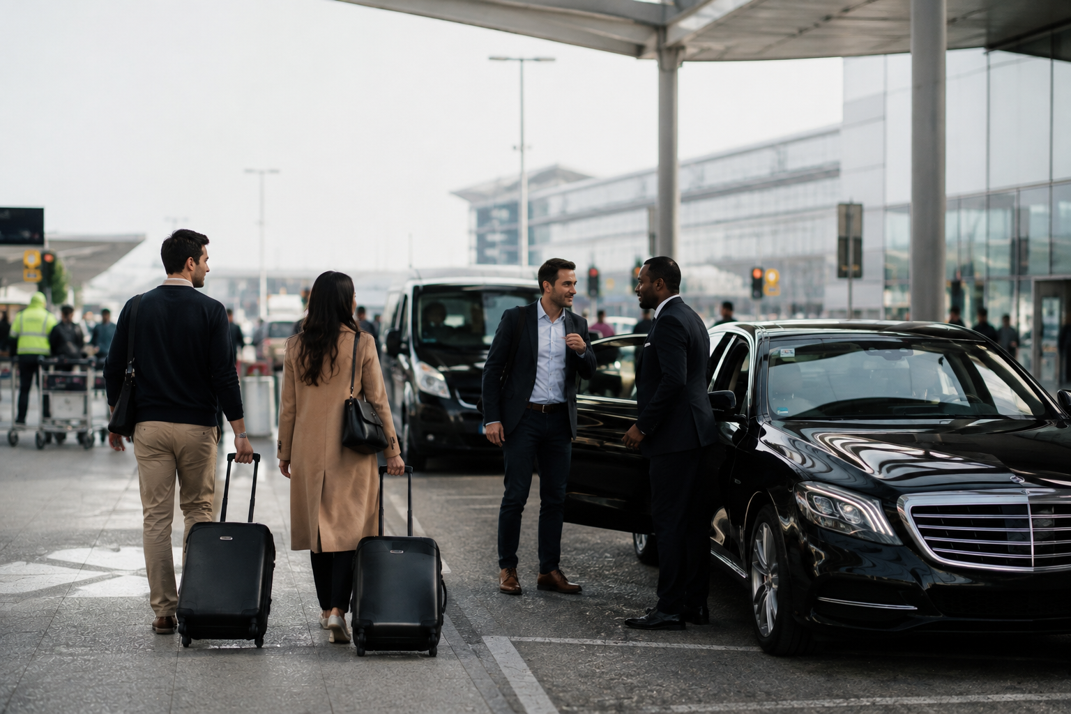 Táxi privado do Aeroporto de Schiphol para Amesterdão Central com transporte confortável para passageiros e bagagem.