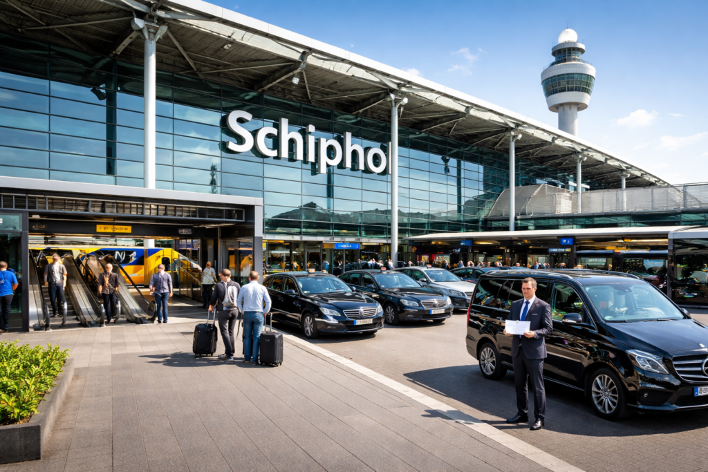 Táxi privado do Aeroporto de Schiphol para Amesterdão Central com transporte confortável para passageiros e bagagem.