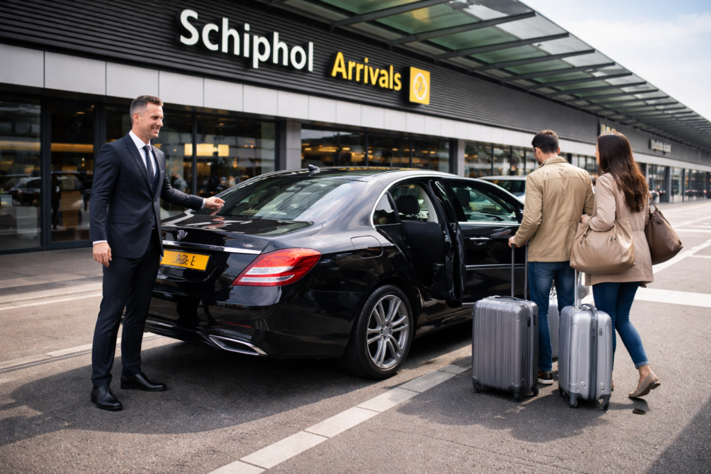 Táxi privado do Aeroporto de Schiphol para Amesterdão Central com transporte confortável para passageiros e bagagem.